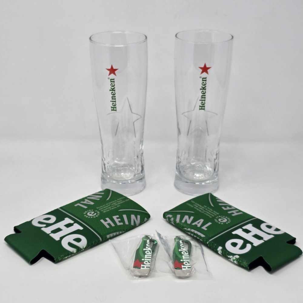 Heineken Logo Pilsner Beer Glasses Set 2 W Koozies & Bottle Opener‎ Keychains